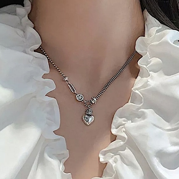 Sterling Silver Happy Face Heart Charm Charm Pendant Necklace - Picture 8 of 11